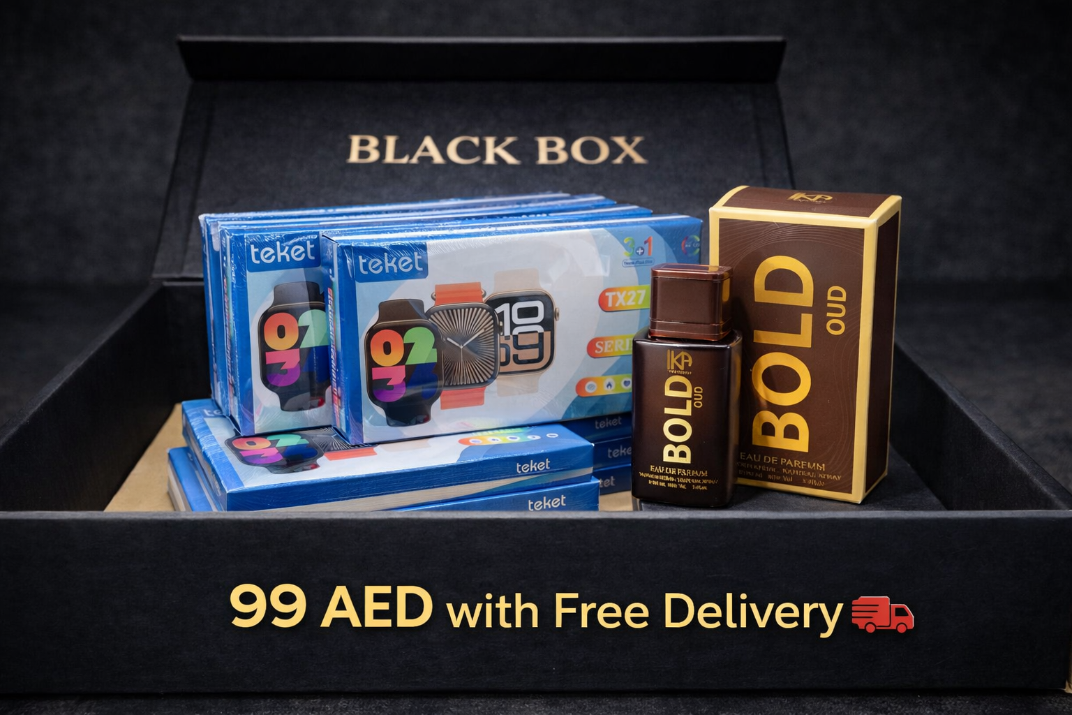 5 Box Smart Watches + 1 Box Bold Oud Perfume