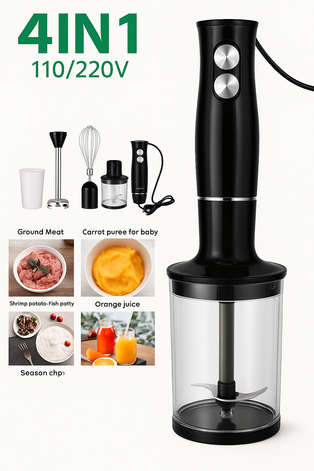 4 in 1 Handheld Blender Set Electric Stick Mixer Whisk Kitchen Appliance