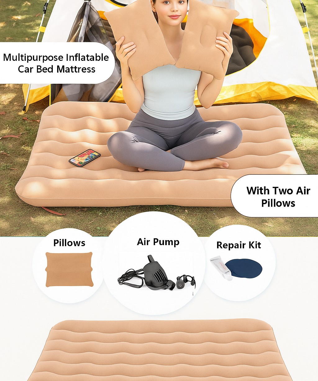Car Air Bed Inflatable Mattress with Pump Portable Travel Sleeping Bed