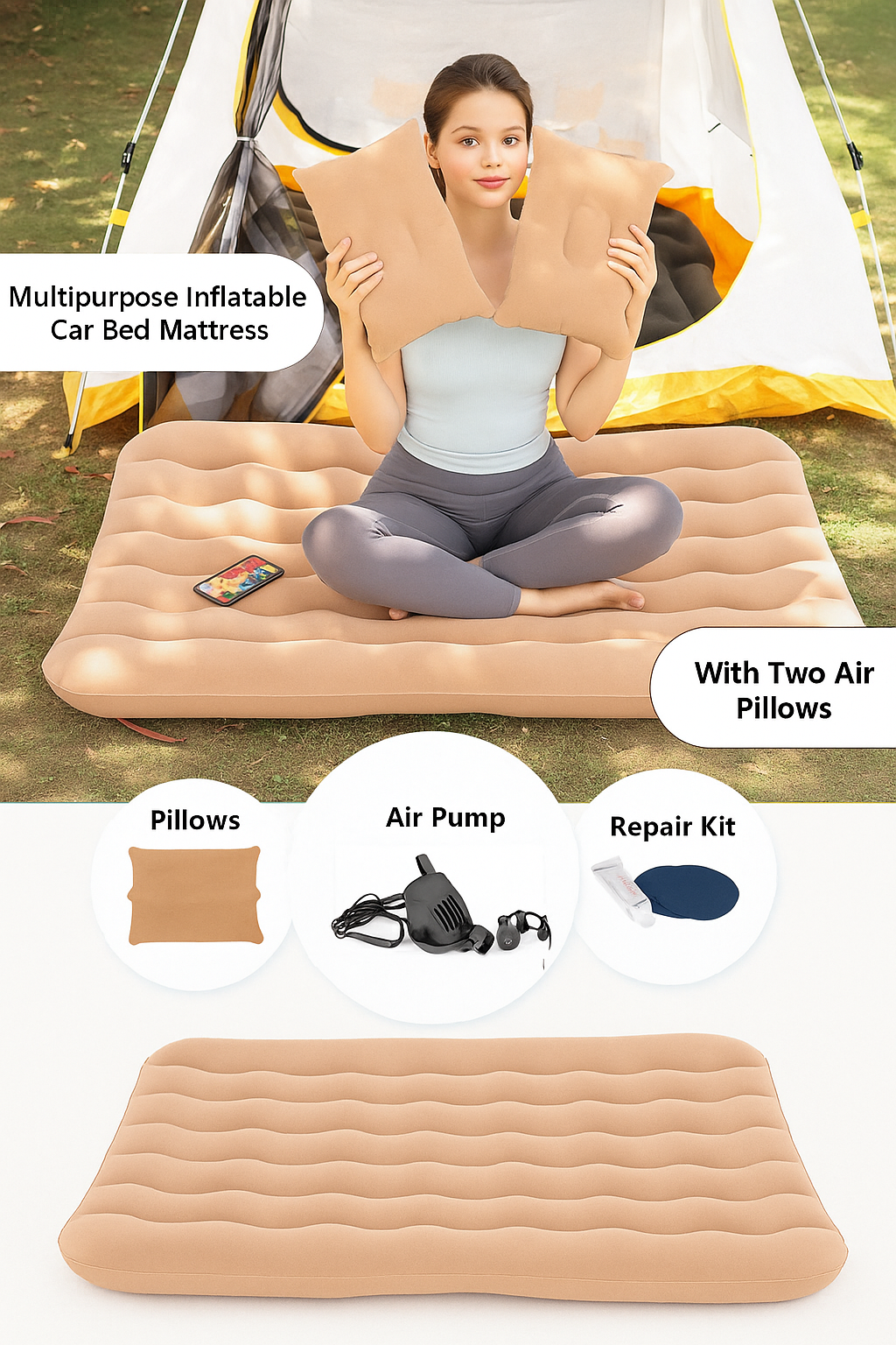 Car Air Bed Inflatable Mattress with Pump Portable Travel Sleeping Bed