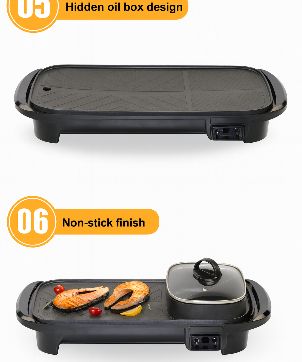 Electric Grill 2 in 1 Hot Pot Multi Cooker Non Stick Barbecue Pan