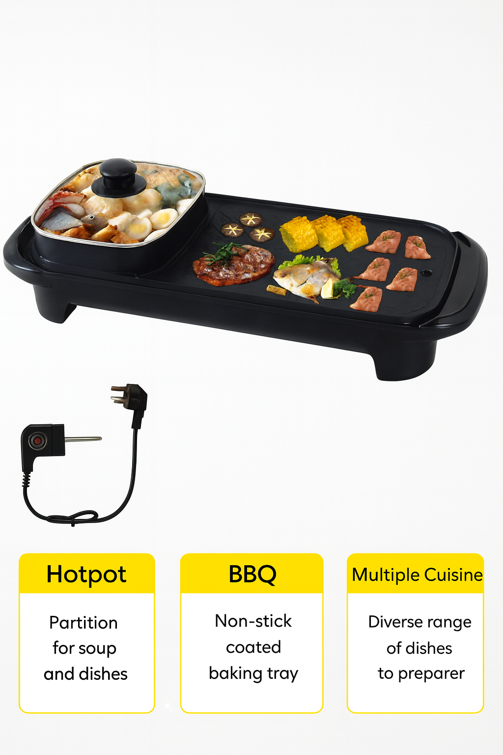 Electric Grill 2 in 1 Hot Pot Multi Cooker Non Stick Barbecue Pan