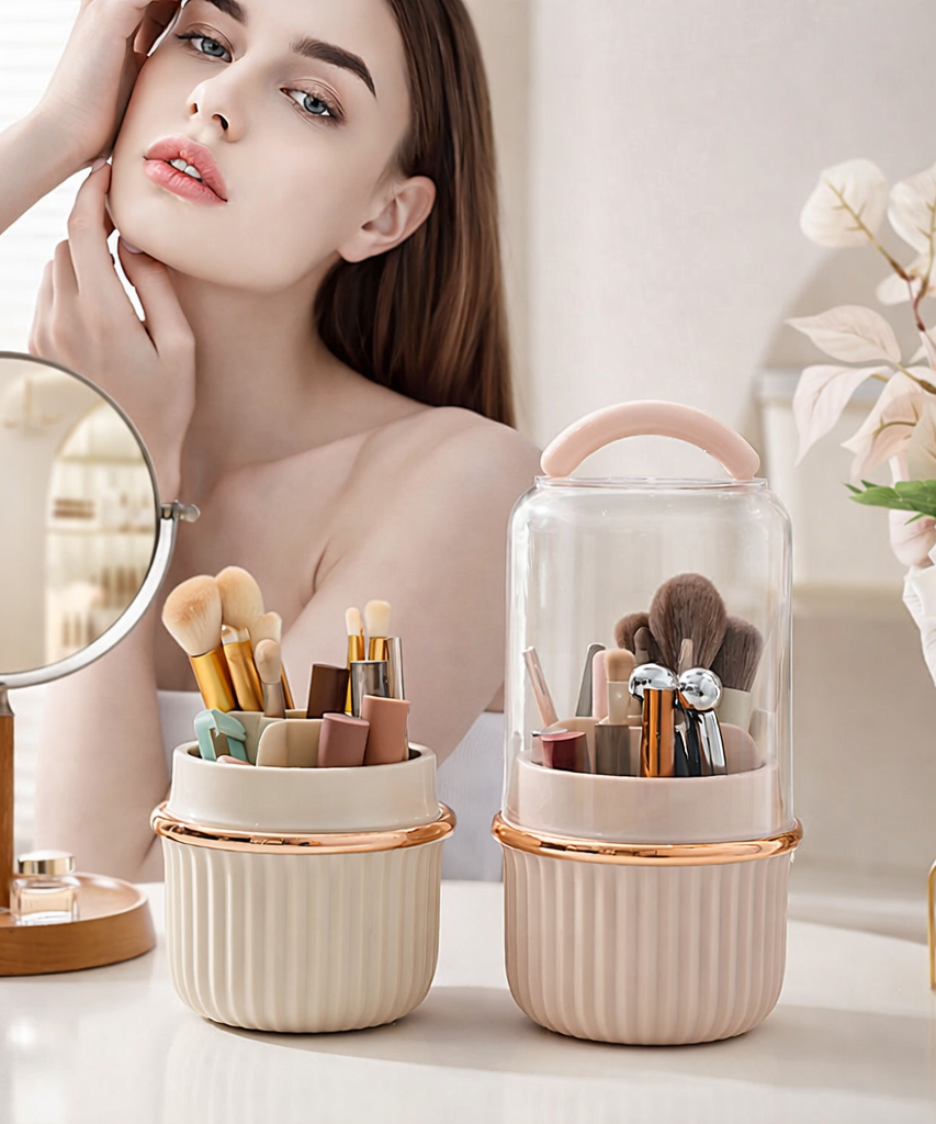 Rotating Makeup Brush Storage Bin 360 Degree Organizer with Dust Cover