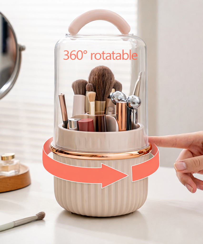 Rotating Makeup Brush Storage Bin 360 Degree Organizer with Dust Cover