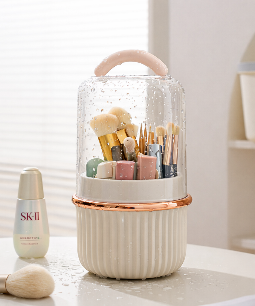 Rotating Makeup Brush Storage Bin 360 Degree Organizer with Dust Cover